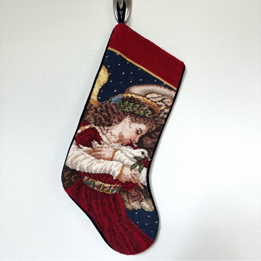 Vintage Needlepoint Wool Angel Christmas Stocking